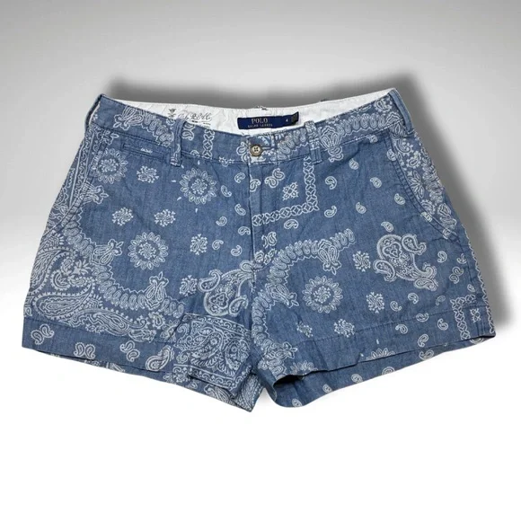 Polo by Ralph Lauren Blue Bandana Paisley Chambray Jean Shorts Women’s Size 4 - Picture 1 of 9